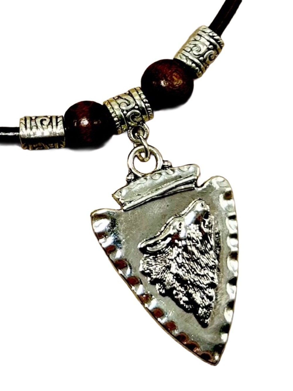 Handmade Antique Silver Wolf Head Arrowhead Necklace with Black Leather Cord